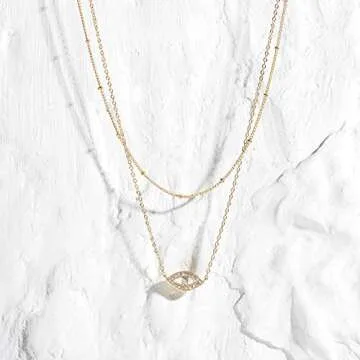 MEVECCO Gold Dainty Layered Evil Eye Necklace,18K Gold Plated Cute Delicate Tiny White Cubic Zirconia Solitire Bead Chain Necklace,Layer Minimalist Necklace for Women