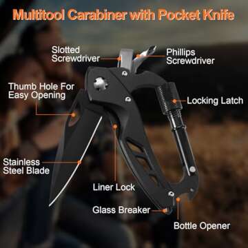 Father's Day Gifts from Daughter, Multitool Carabiner with Pocket Knife, EDC Gear with Folding Knives, Bottle Opener, Window Breaker And Screwdriver, Tactical Survival Gear for Camping And Hiking