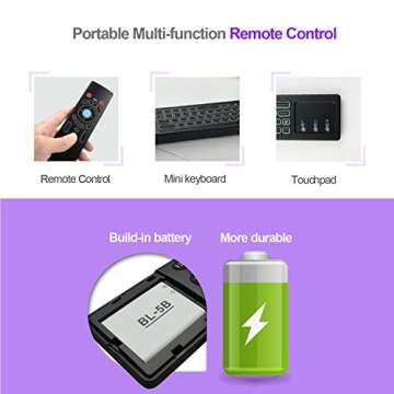 Mini Wireless Keyboard/Air Remote Control/Mouse/Touchpad with Colorful Backlit, 2.4GHz Connection, Best for Android TV Box, HTPC, IPTV, PC, Raspberry pi 3,Pad and More Devices. (Black)