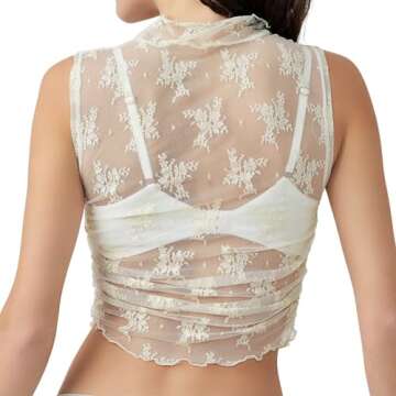LOFAAC Women Floral Lace Sheer Mesh Crop Tank Top Mock Neck Sleeveless See Through Ruched Side Layering Crop Top Party White