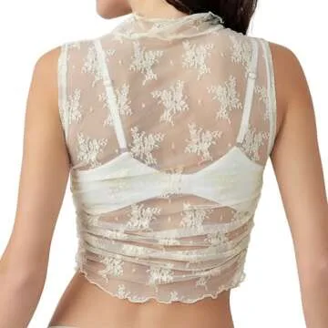 LOFAAC Women Floral Lace Sheer Mesh Crop Tank Top Mock Neck Sleeveless See Through Ruched Side Layering Crop Top Party White