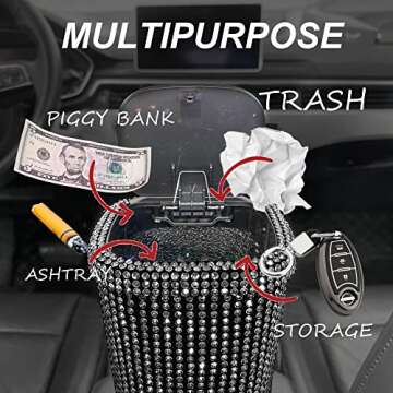6pcs Bling Car Trash Can,Bling car Accessories,Multifunctional Car Organizer with car Coasters car Hooks,Push-Button Pop Up Open Design Storage Can for Cars, Home, Office (Black)