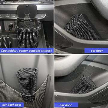 6pcs Bling Car Trash Can,Bling car Accessories,Multifunctional Car Organizer with car Coasters car Hooks,Push-Button Pop Up Open Design Storage Can for Cars, Home, Office (Black)