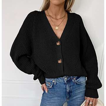 Asskdan Women's V Neckline Button Down Knitwear Lantern Sleeve Basic Knit Cardigan Sweater Tops (as1, Alpha, s, Regular, Regular, Black)