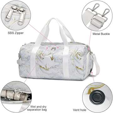 Sports Gym Bag for Women Teen Girls Kids, Workout Bag for Sports and Weekend Getaway, Waterproof Duffle bag with Shoe and Wet Clothes Compartments (white)