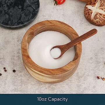 KITCHENDAO Large Acacia Salt Cellar Box Bowl with Built-in Spoon and Marble Lid, Solid Natural Acaci...