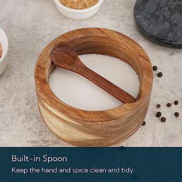 KITCHENDAO Large Acacia Salt Cellar Box Bowl with Built-in Spoon and Marble Lid, Solid Natural Acacia Wood Bath Sea Salt Container, Black Marble Lid, Pepper Sealer Pinch Bowl, 10oz Capacity