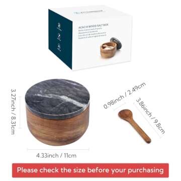 KITCHENDAO Large Acacia Salt Cellar Box Bowl with Built-in Spoon and Marble Lid, Solid Natural Acacia Wood Bath Sea Salt Container, Black Marble Lid, Pepper Sealer Pinch Bowl, 10oz Capacity