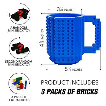 TOYAMBA Build-on Brick Mug BPA-Free Funny Mugs with 3 Packs of Building Bricks, Funny Cups for Kids ...