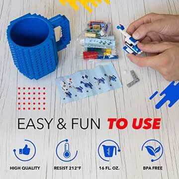 TOYAMBA Build-on Brick Mug BPA-Free Funny Mugs with 3 Packs of Building Bricks, Funny Cups for Kids - Creative Building Block Mug DIY Idea 16OZ (Blue)