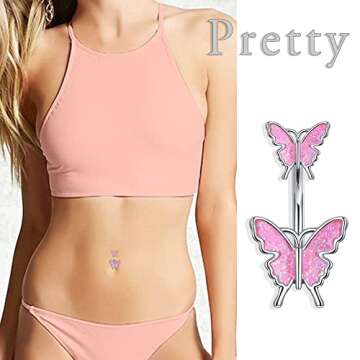 Anicina 14G Belly Button Ring Surgical Steel for Women Silver Navel Butterfly Flower Piercing Jewelr...