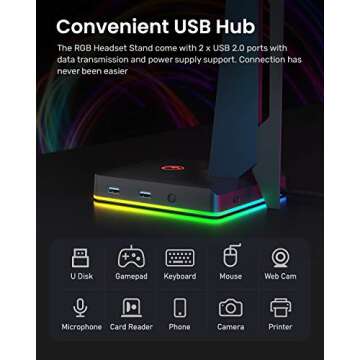 IFYOO RGB Gaming Headset Stand with 2 USB Ports, Game Headphone Mount for PC, Xbox One, PS4, Switch, Earphone Holder Hanger, Great for Gaming Stations, Fancy Desk Gamer Accessories, Black