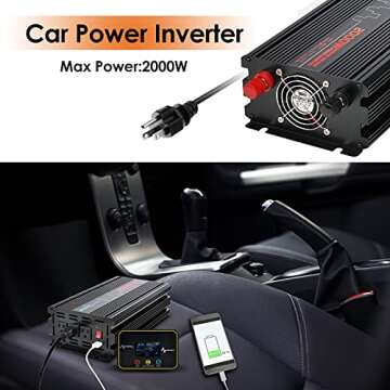 2000W Power Inverter, Car Inverter DC 12V to AC 110V with Wireless Remote Control, LCD Digital Display Power Converter with Triple AC Outlets 1 USB Port for Travel/Camping (Modified Sine)