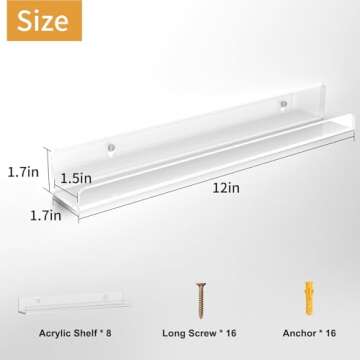 Laurensory Vinyl Record Shelf Wall Mount, 12 inch Clear Acrylic Album Record Holder Display, Kids Bookshelf, Floating Wall Shelves for Bathroom, Bedroom, Living Room, Kitchen, 8 Pack