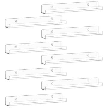 Laurensory Vinyl Record Shelf Wall Mount, 12 inch Clear Acrylic Album Record Holder Display, Kids Bookshelf, Floating Wall Shelves for Bathroom, Bedroom, Living Room, Kitchen, 8 Pack