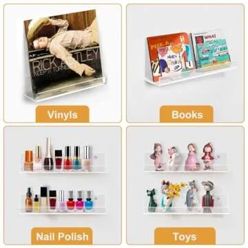 Laurensory Vinyl Record Shelf Wall Mount, 12 inch Clear Acrylic Album Record Holder Display, Kids Bookshelf, Floating Wall Shelves for Bathroom, Bedroom, Living Room, Kitchen, 8 Pack