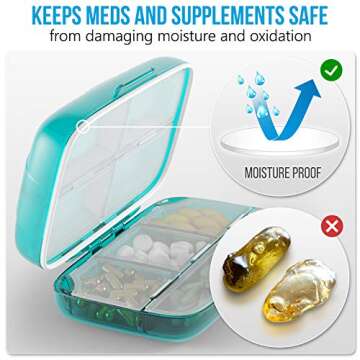 Travel Pill Organizer - Airtight Medicine Case for Traveling Portable Pharmacy Box with Labels Vitamin Container 8 Compartment Supplement Medication Holder Large Capacity Daily (Green)