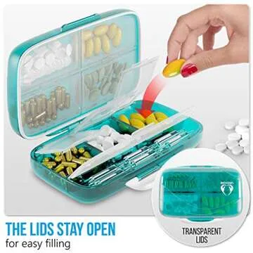 Travel Pill Organizer - Airtight Medicine Case for Traveling Portable Pharmacy Box with Labels Vitamin Container 8 Compartment Supplement Medication Holder Large Capacity Daily (Green)