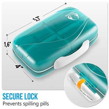 Travel Pill Organizer - Airtight Medicine Case for Traveling Portable Pharmacy Box with Labels Vitamin Container 8 Compartment Supplement Medication Holder Large Capacity Daily (Green)