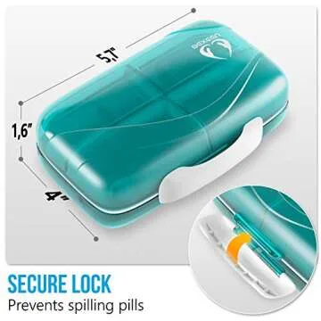 Travel Pill Organizer - Airtight Medicine Case for Traveling Portable Pharmacy Box with Labels Vitamin Container 8 Compartment Supplement Medication Holder Large Capacity Daily (Green)