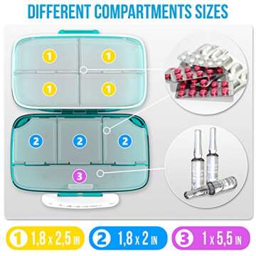 Travel Pill Organizer - Airtight Medicine Case for Traveling Portable Pharmacy Box with Labels Vitamin Container 8 Compartment Supplement Medication Holder Large Capacity Daily (Green)