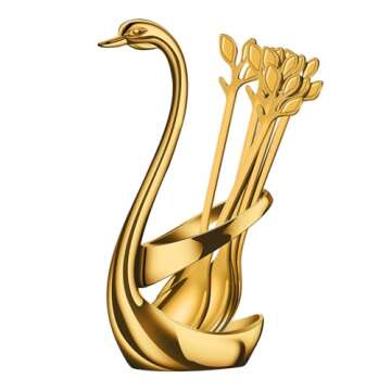 AnSaw Gold Small Coffee Spoon Holder Set,Swan Base With 10 Pcs Demitasse Espresso Spoons Set,4.7" Mi...