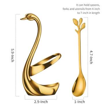 AnSaw Gold Small Coffee Spoon Holder Set,Swan Base With 10 Pcs Demitasse Espresso Spoons Set,4.7" Mini Leaf Dessert Spoon,Stainless Steel Tea Spoons