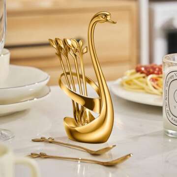 AnSaw Gold Small Coffee Spoon Holder Set,Swan Base With 10 Pcs Demitasse Espresso Spoons Set,4.7" Mini Leaf Dessert Spoon,Stainless Steel Tea Spoons
