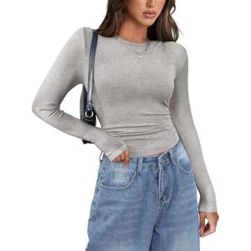 Zeagoo Women's Long Sleeve Stretch Crewneck Ribbed T-Shirt - Trendy Grey Casual Top