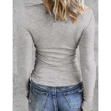 Trendy Grey Long Sleeve Ribbed T-Shirt for Women