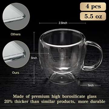 4 Pack Glass Espresso Cups, 5.5 Oz Double Wall Glass Expresso Coffee Cup, Insulated Espresso Glasses...