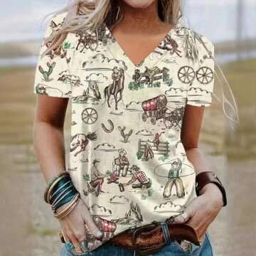 Women's Western Shirt Casual Cactus V-Neck T-Shirt Cowgirl Western Pattern Short Sleeve Loose Ladies...