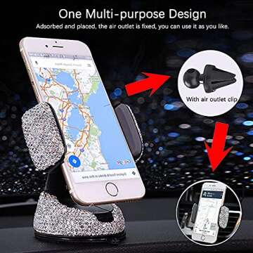 SUNCARACCL Bling Car Phone Holder, 360°Adjustable Universal Rhinestone Crystal Auto Phone Mount Stand Accessories for Windshield Dashboard and Air Outlet (White)