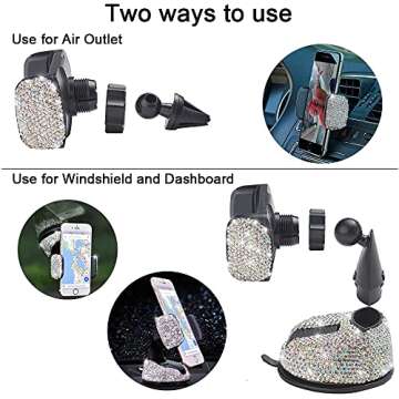 SUNCARACCL Bling Car Phone Holder, 360°Adjustable Universal Rhinestone Crystal Auto Phone Mount Stand Accessories for Windshield Dashboard and Air Outlet (White)