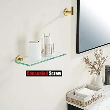 JQK Bathroom Glass Shelf Gold, Tempered Glass Shower Storage 12 by 5 inches, 304 Stainless Steel Brushed Gold Wall Mount 2 Pack, TGS101L12-BG-P2