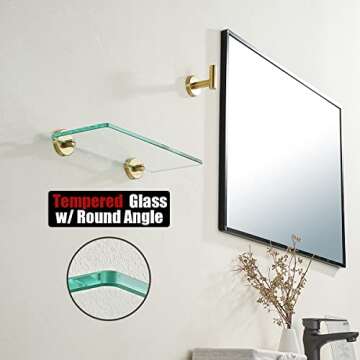 JQK Bathroom Glass Shelf Gold, Tempered Glass Shower Storage 12 by 5 inches, 304 Stainless Steel Brushed Gold Wall Mount 2 Pack, TGS101L12-BG-P2