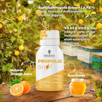 BEE and You Immune Support 100% Natural Propolis Shot Supplement, Antioxidants, Vitamin C, VIT D3, Zinc, Orange Juice, Raw Honey, 1.69 fl. oz x 12 Bottles