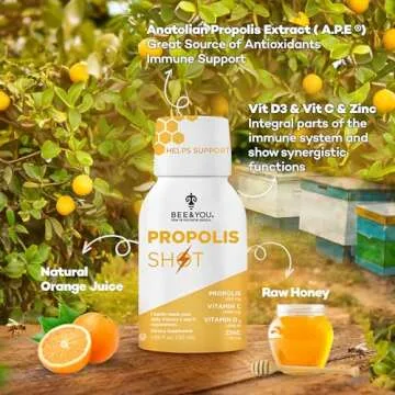 BEE and You Immune Support 100% Natural Propolis Shot Supplement, Antioxidants, Vitamin C, VIT D3, Zinc, Orange Juice, Raw Honey, 1.69 fl. oz x 12 Bottles