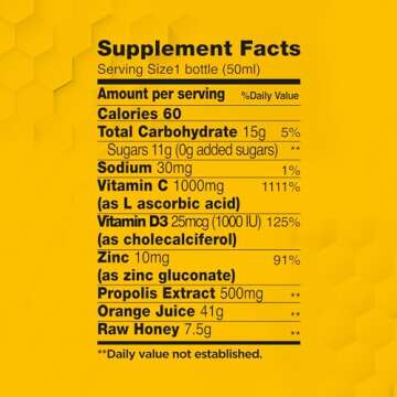 BEE and You Immune Support 100% Natural Propolis Shot Supplement, Antioxidants, Vitamin C, VIT D3, Zinc, Orange Juice, Raw Honey, 1.69 fl. oz x 12 Bottles