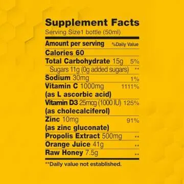 BEE and You Immune Support 100% Natural Propolis Shot Supplement, Antioxidants, Vitamin C, VIT D3, Zinc, Orange Juice, Raw Honey, 1.69 fl. oz x 12 Bottles