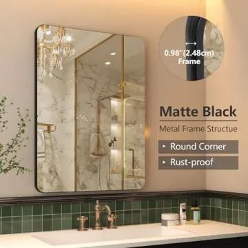 Black Metal Framed Bathroom Mirror for Wall, 24x32 Inch Rounded Rectangle Mirror, Farmhouse Vanity M...