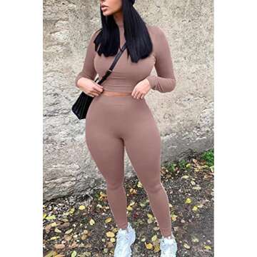 Mulisky Women’s Casual 2 Piece Outfits Sexy Bodycon Long Sleeve Crop Top with Long Pants Tracksuit Set Jumpsuits Apricot S