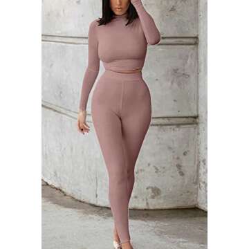 Mulisky Women’s Casual 2 Piece Outfits Sexy Bodycon Long Sleeve Crop Top with Long Pants Tracksuit Set Jumpsuits Apricot S