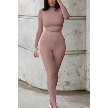 Mulisky Women’s Casual 2 Piece Outfits Sexy Bodycon Long Sleeve Crop Top with Long Pants Tracksuit Set Jumpsuits Apricot S