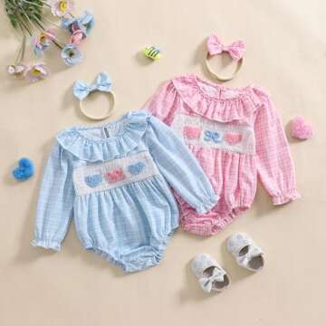 Aiwpstoin Infant Baby Girl Embroidered Romper Peter Pan Collar Long Sleeve Plaid Bubble Bodysuit Newborn Girl Outfit (Pink, 6-12M)