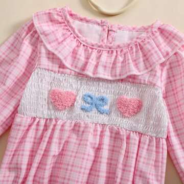 Aiwpstoin Infant Baby Girl Embroidered Romper Peter Pan Collar Long Sleeve Plaid Bubble Bodysuit Newborn Girl Outfit (Pink, 6-12M)