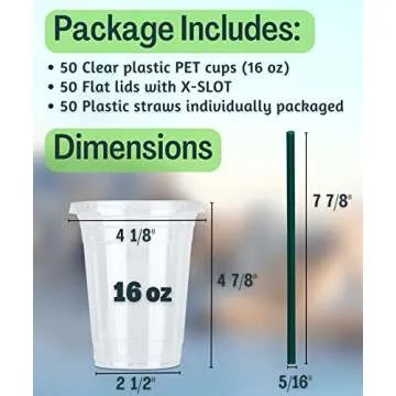 [50 SETS] 16 oz Clear Plastic Cups with Lids and STRAWS, Disposable Drinking Cups for Cold Drinks, Iced Coffee, Milkshakes, Smoothies
