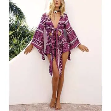 AELSON Women's Boho V Neck Print Romper Playsuit with Long Flare Sleeves