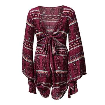 AELSON Women's Boho V Neck Print Romper Playsuit with Long Flare Sleeves