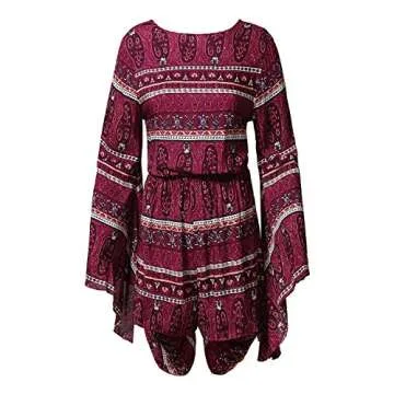 AELSON Women's Boho V Neck Print Romper Playsuit with Long Flare Sleeves